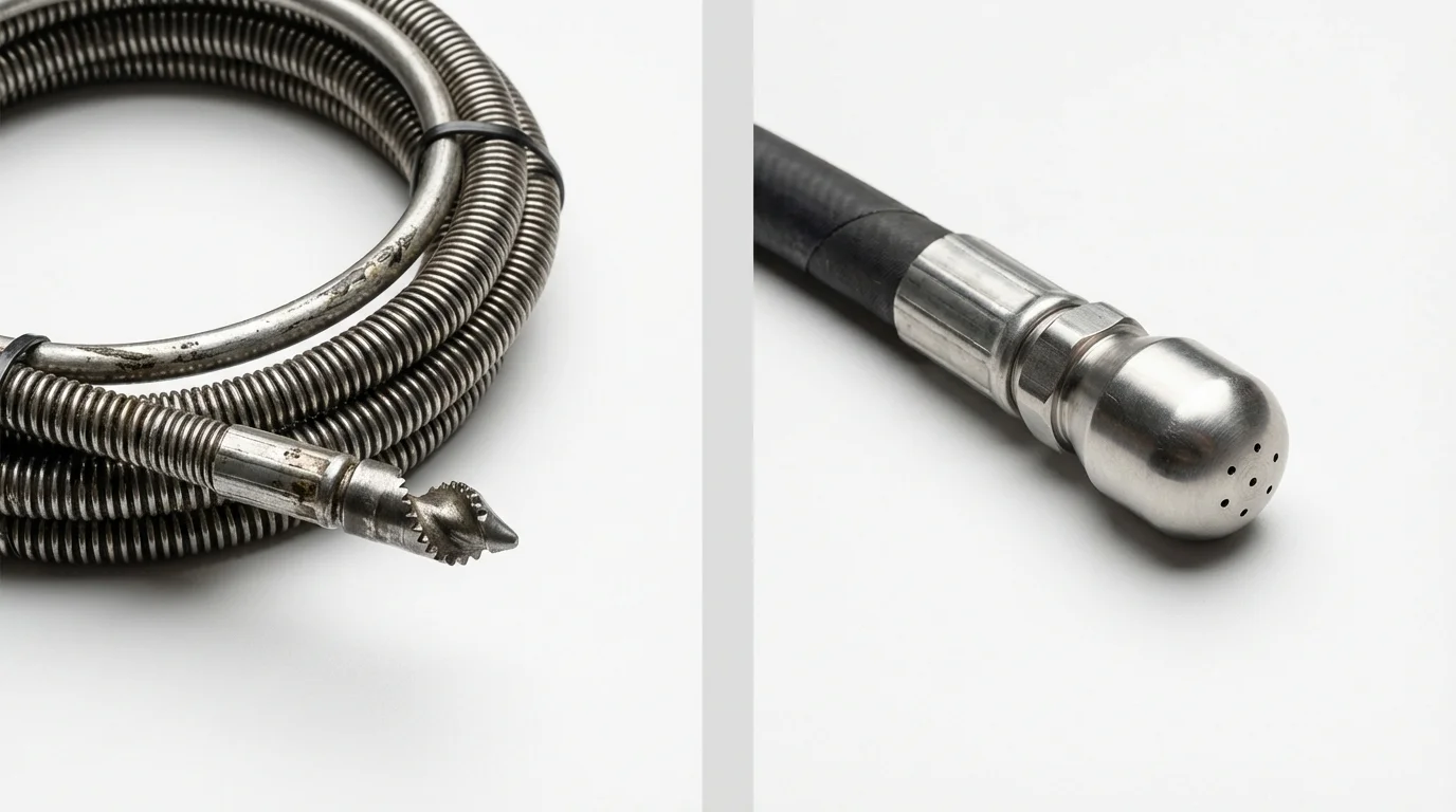 Drain snake cable and hydro jetting nozzle used for drain cleaning in Union City, NJ