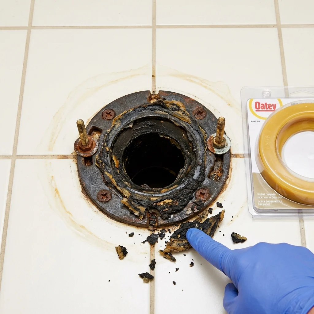 Failed wax ring showing water seepage at the base of a toilet in a Union City, NJ home