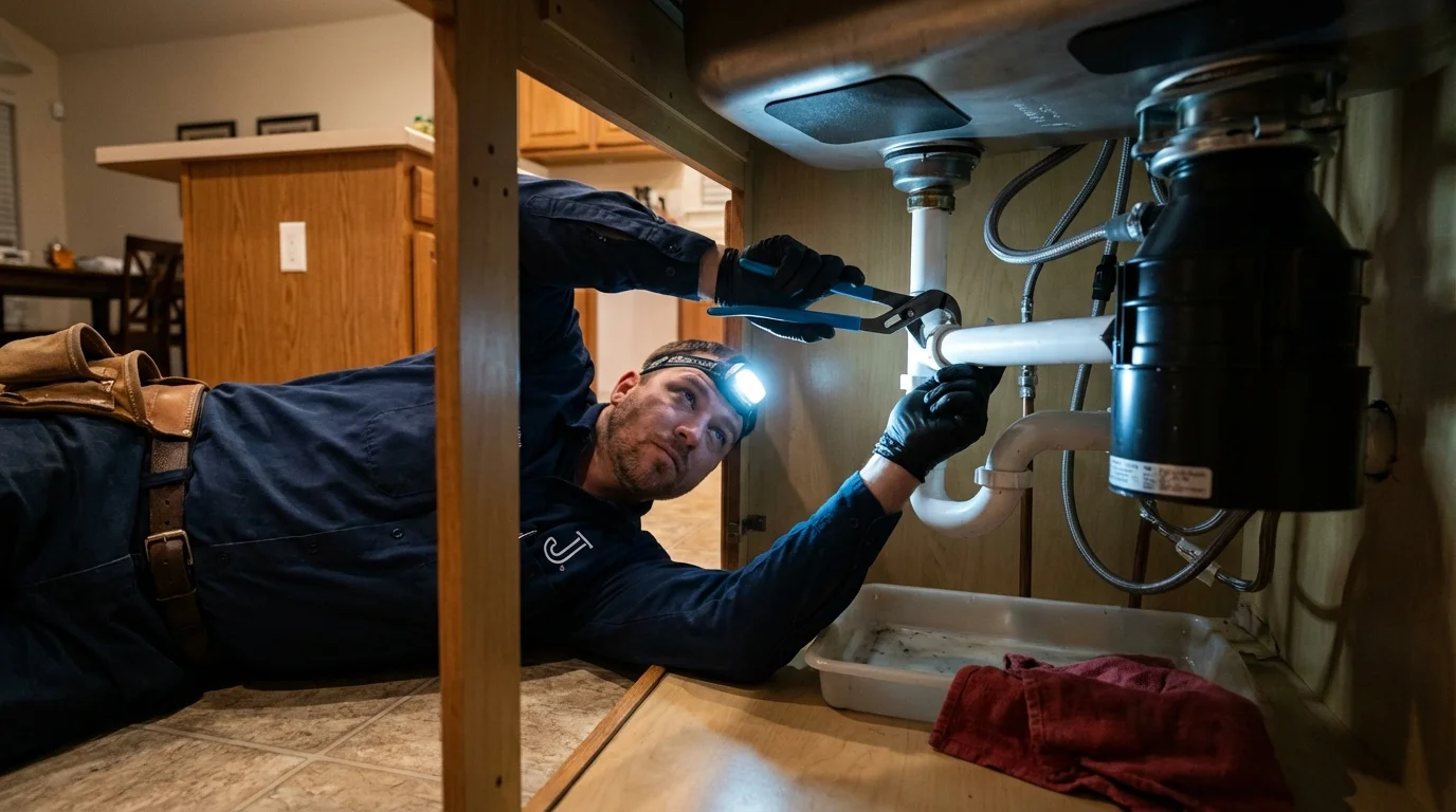 P-trap and supply line connections under a kitchen sink showing a common leak point in Union City, NJ